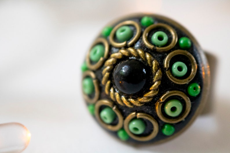 Mystical green and black ring round, adjustable, magical, orient inspiration, circle, glass beads, rockery beads gift idea.
