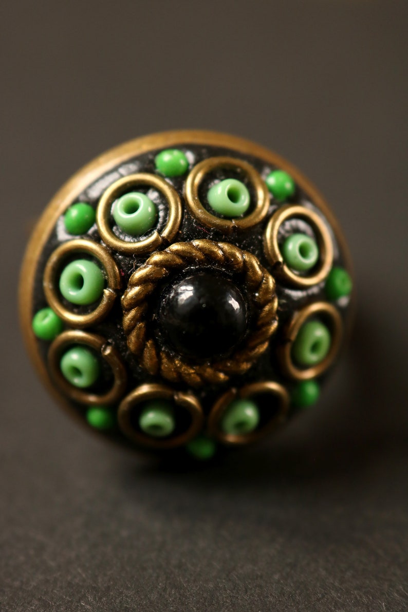 round, adjustable, magical, orient inspiration, circle, glass beads, rockery beads Mystical green and black ring gift idea.