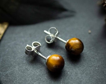 Boucles d'oreilles puce en Oeil de tigre dorée et argent 925