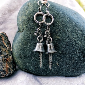 Silver Earrings, Hypoallergenic, Boho Jewellery, Bells, Dangle Earrings, Silver Bells, Gift For Her, Tarnished Silver, Recycled Materials