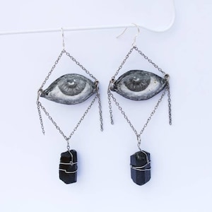 Silver, Statement Earrings, Avant Garde Jewellery, Obsidian Crystal, Clay, Eye of Horus, Alternative, Evil Eye, Witchcore, Black and White
