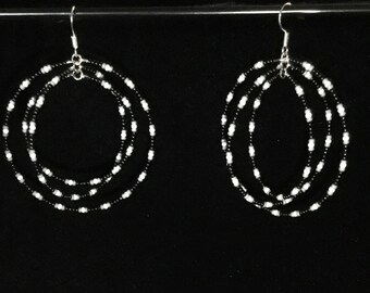 Native Beaded Triple Hoop Earrings, Black/Gray/White, Modern Caddo Beadwork by Oklahoma Native Artisan