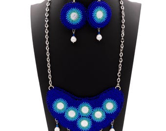 Blue Sky Moon Beaded Gorget, Modern Caddo Beadwork by Oklahoma Native Artisan