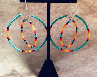 Native Beaded Double Hoops, Multi-Color, Modern Beadwork by a Native American Artist