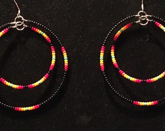 Native Beaded Double Hoops, Fire-Colors, Modern Caddo Beadwork by Oklahoma Native Artisan