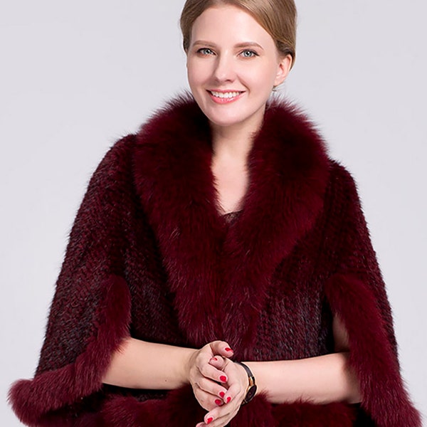 Natural Mink Fur Poncho Fox Fur Trimmed Mink Fur Coat Fox Fur Collar Women Outwear Sleeveless Woven Mink Fur Jacket