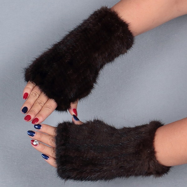 Hand Knitted Elastic Genuine Mink Fur Gloves For Women Fashion Real Fur Mittens without Fingers Thickness Winter Mitts