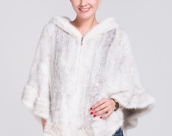 Knitted Mink Poncho with Hood Women Fur Shawl Winter Knitted Real Mink Fur Stole With Fur