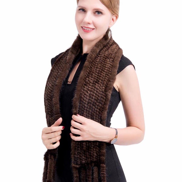 Hand Knitted Mink Fur Scarf Natural Mink Fur Scarf Neck Warmer Unisex Fashion Scarf with Fringes Winter Real Fur Scarf