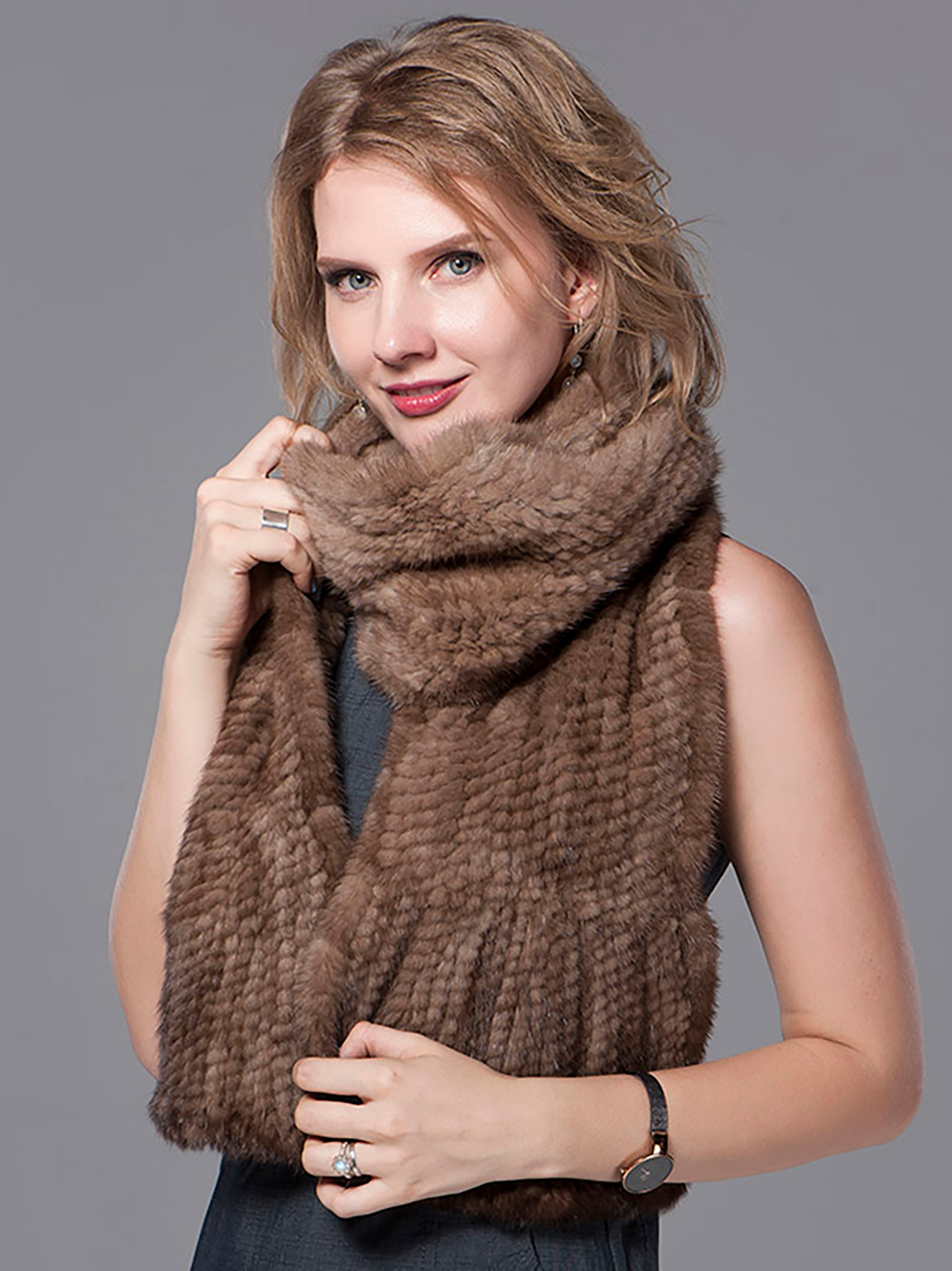 Natural Mink Fur Scarf Hand Knitted Long Mink Fur Scarf Woman Winter