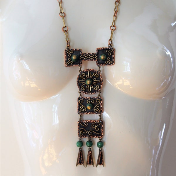 Vintage 1960s 70s MAYA Mexico Handmade Mixed Metals & Green Onyx Necklace Old Antique Old Necklace MCM