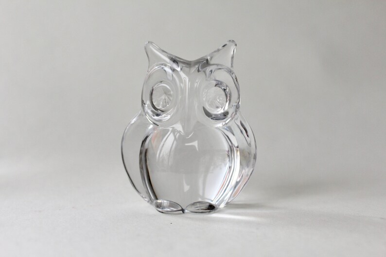 May include: A clear glass owl figurine. The owl has large, round eyes and a detailed beak.