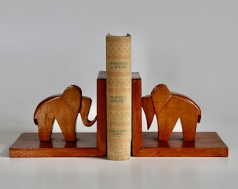 Vintage Buchstützen Holz geschnitzt Elefanten Bookends Elephants alt old antik vintage