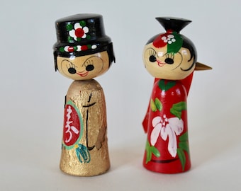 Vintage Kokeshi wooden doll bobble head bride and groom old vintage old