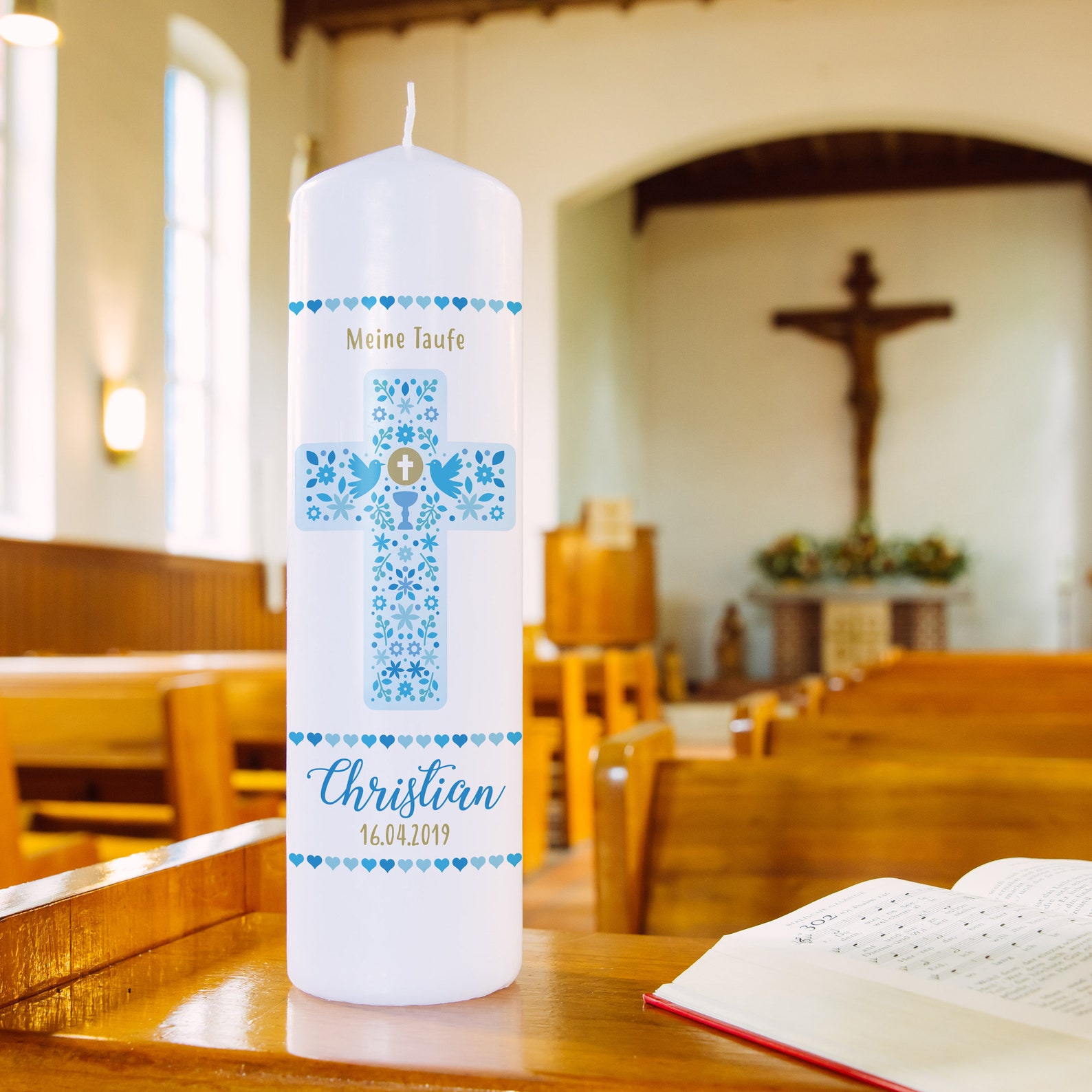 Baptism Candle Boys Cross Ornaments Blue Communion Candle Etsy