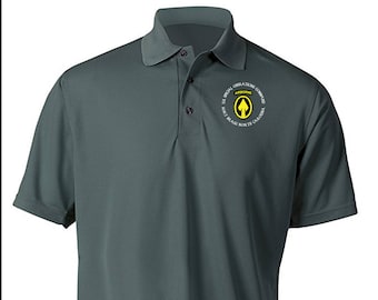 May include: A dark gray polo shirt with an embroidered patch on the left chest. The patch is yellow and black and features the text "US SPECIAL OPERATIONS COMMAND" and "AIRBORNE".