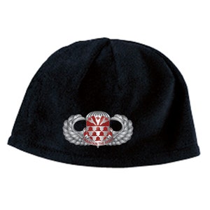 May include: Black fleece beanie with a silver and red embroidered patch featuring a parachute and the text "Maintain the Right".