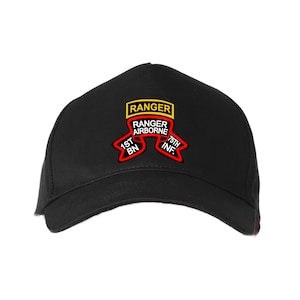 May include: Black baseball cap with a red and yellow embroidered patch that reads "Ranger Airborne 1st Bn 75th Inf."