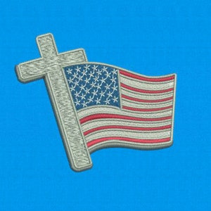 May include: A silver cross with a red, white, and blue American flag waving behind it.