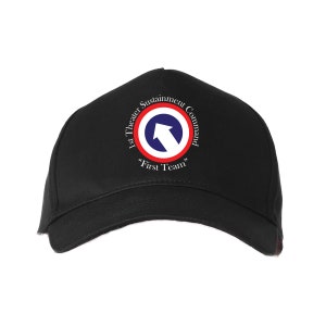 May include: Black baseball cap with a white embroidered logo that says "1st Theater Sustainment Command" and "First Team" with a red, white, and blue circle with an upward pointing arrow.