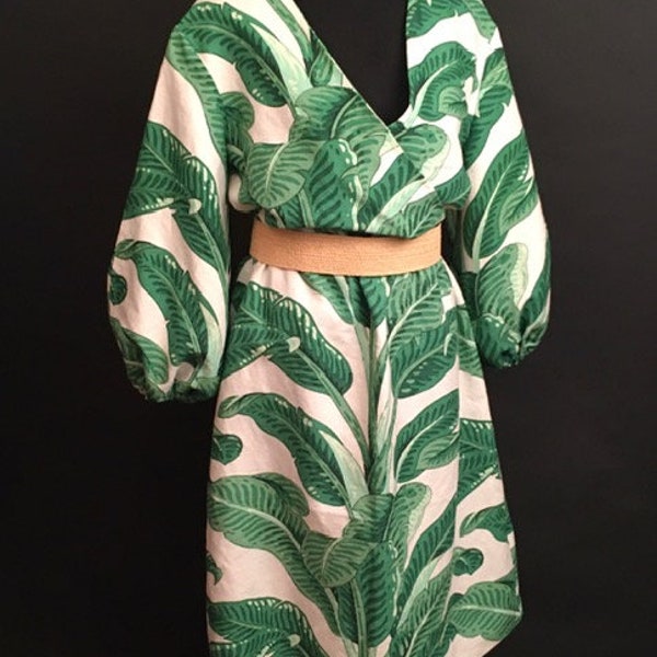 Green Tropical Print Dress, Green Tropical, Linen, Summer or Spring