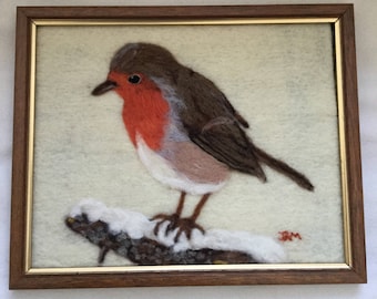 Needle felted robin picture - wool “painting”
