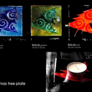 Christmas Tree Plates available sizes 10x10cm, 14cm x 14cm, 20cm x 20cm. All our products are handcrafted fusion glass.