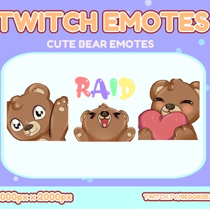 May include: Three brown bear Twitch emotes with different expressions. The first bear is waving, the second bear is smiling with its mouth open, and the third bear is holding a pink heart. The text "RAID" is in rainbow colors above the bears.