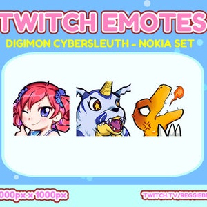 Op de afbeelding: Drie geanimeerde Twitch-emotes met personages uit de videogame Digimon Cyber Sleuth. De emotes zijn een meisje met roze haar en blauwe ogen, een blauw en wit hondachtig wezen met een ster op zijn borst en een geel en oranje dinosaurusachtig wezen met een rode vlam die uit zijn mond komt.