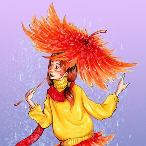 Mädchen mit Regenschirm, Herbst Mode, Kunstdruck, original-Kunst, Regenschirm, Herbst Mode, Plakat