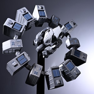 May include: A detailed model of a spacecraft, featuring a central hub and multiple rectangular modules arranged in a circular pattern. The modules have blue panels and are connected by articulated arms. The color scheme is primarily gray and blue.