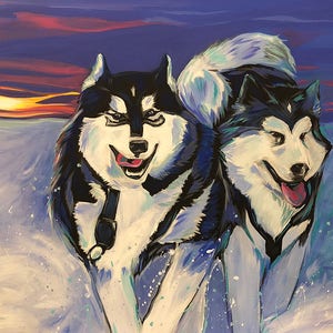 The Escape Artists by Jessica Merritt | 16&quot; x 20&quot; Signed Original Acrylic Painting on Canvas, Sled Dogs, Malamutes, Huskies, Mushing, Alaska