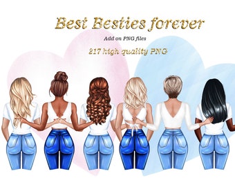 Besties portrait creator, BFF illustration, Editable Besties, Personalized Girls clipart, Best Friend Clipart, Best friends gifts download
