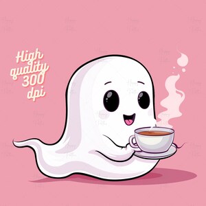 May include: A cartoon ghost with a friendly face is holding a white cup of steaming hot beverage. The ghost is white and has a light pink background.