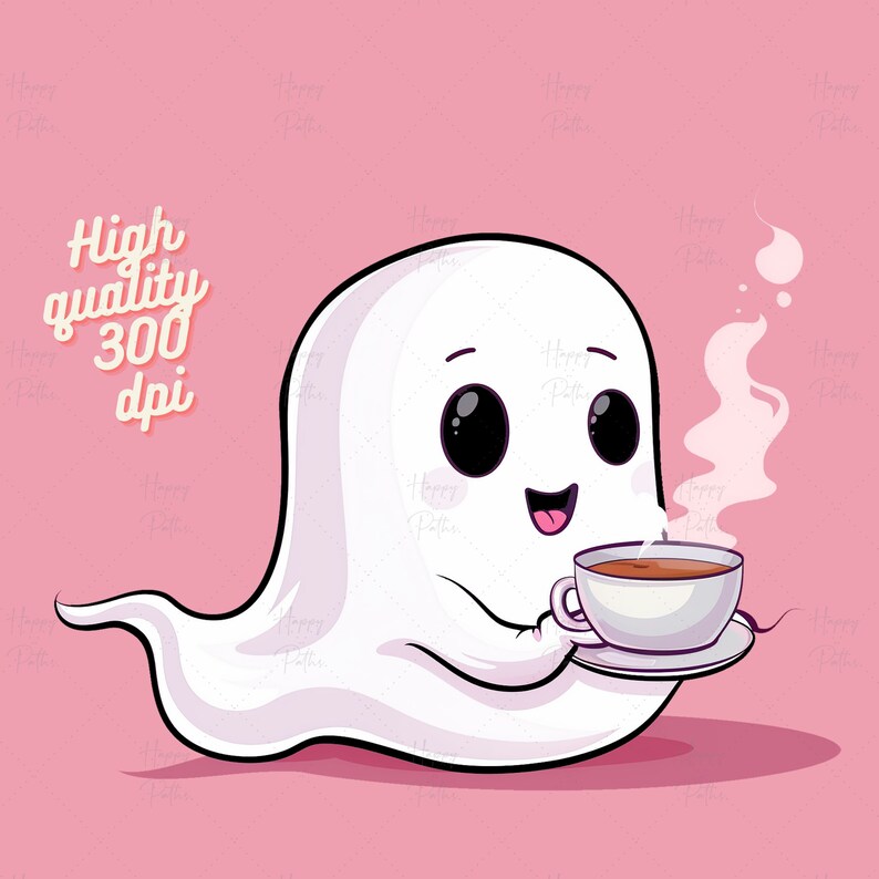 May include: A cartoon ghost with a friendly face is holding a white cup of steaming hot beverage. The ghost is white and has a light pink background.