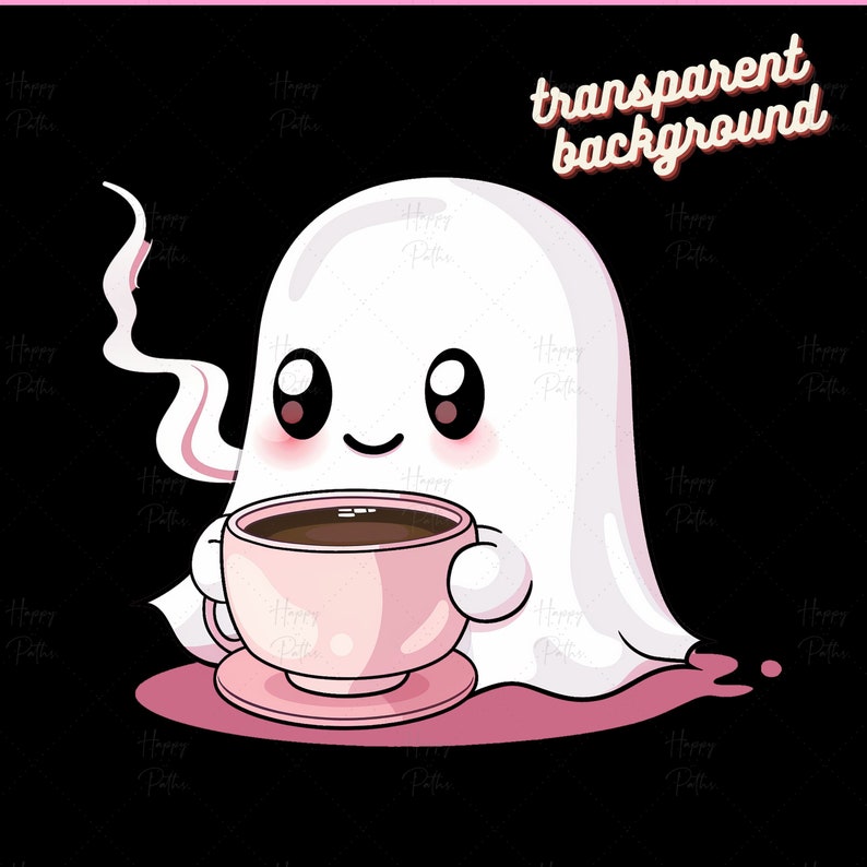 May include: A cartoon ghost with a pink coffee cup and saucer. The ghost has a white body with a pink blush and large black eyes. The coffee cup is filled with brown coffee and has steam coming from it.