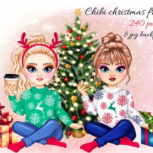 Custom christmas chibi Best Friends clipart,Soul sisters clipart, BFF, Chibi Style Build your Own Character Clipart Set Mix and Match Dolls
