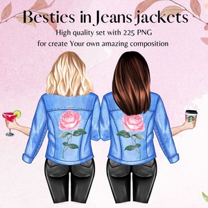 Besties Jeans Jacket cliart,Best friends illustration, besties clipart, Denim girl clipart, BFF,cocktails clipart,coffee clipart, Friendship