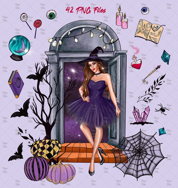 Halloween Fashion Girls Clipart: Witch, Pumpkins (PNG, Commercial Use)