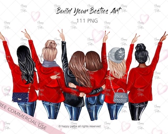 Buy and Build Your own Best friends Custom art, Besties clipart, BFF PACK, Customizable clipart 5 girls clipart, commercial use, Add on PNG