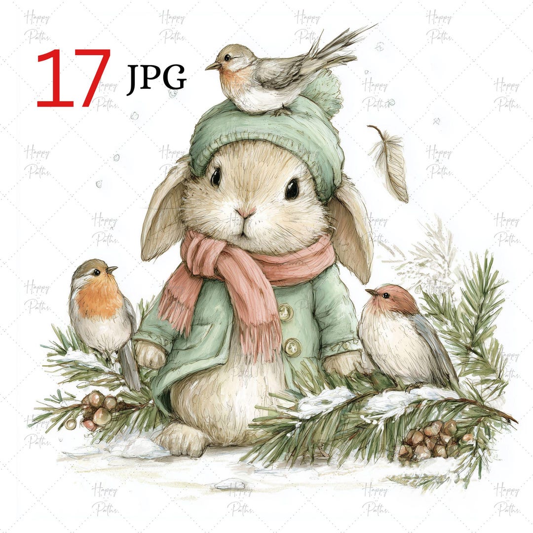 17 Winter Bunny Clipart Set, Watercolor Christmas Rabbits Jpgs ...