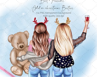 Christmas Best friends, Besties clipart, Soul Sisters Clip art, Customizable Clipart PNG, Fashion girls clipart, Bestie Print Christmas Cute