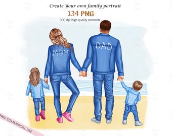 Family bundle clipart,Father's day gift,Dad clipart, jeans jackets clipart,best dad gift,customizable family portrait, commercial use add on