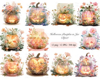 PNG & JPG Halloween Pumpkin Lantern Clipart, Cute Fall Watercolor Illustrations for Cards Instant Download Paper Crafts Junk Journal
