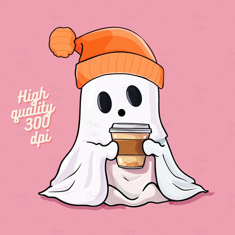 May include: A white ghost wearing an orange beanie holds a brown paper cup of coffee. The ghost is sitting on a pink background.