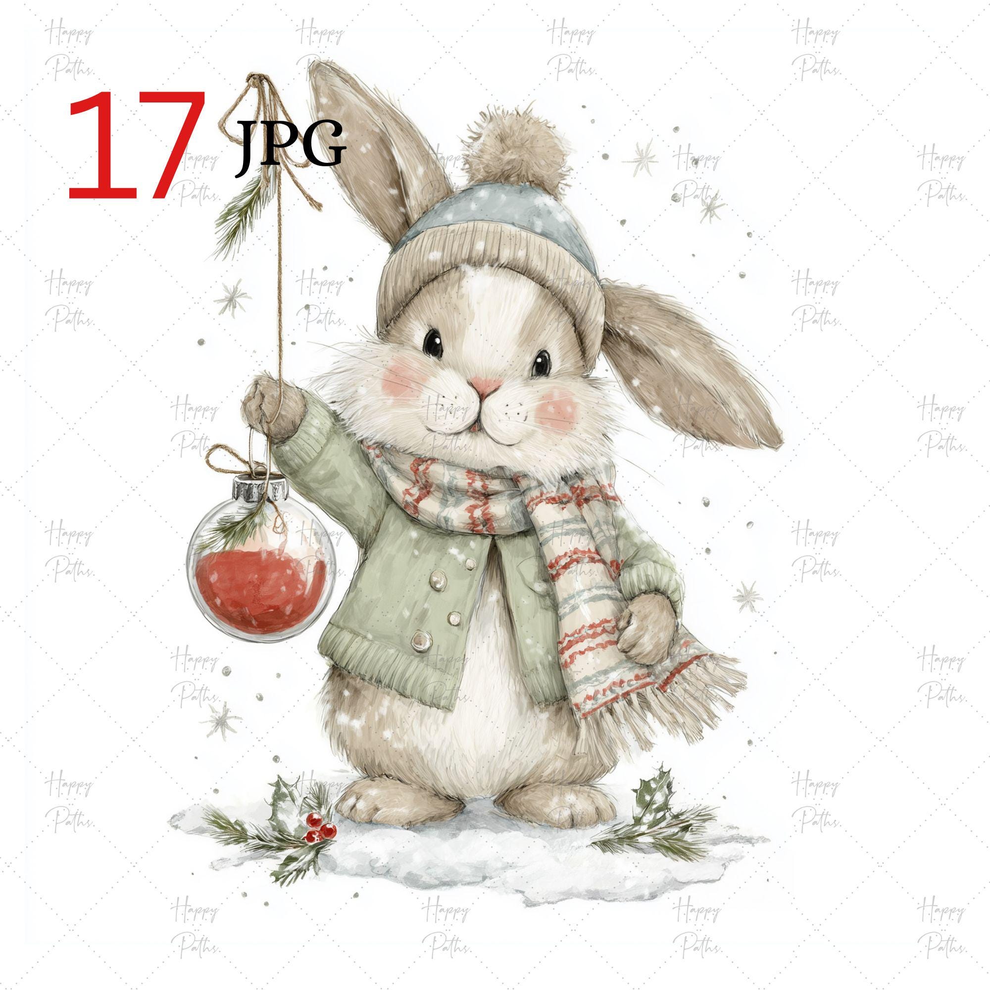 17 Winter Bunny Clipart Set, Watercolor Christmas Rabbits Jpgs ...