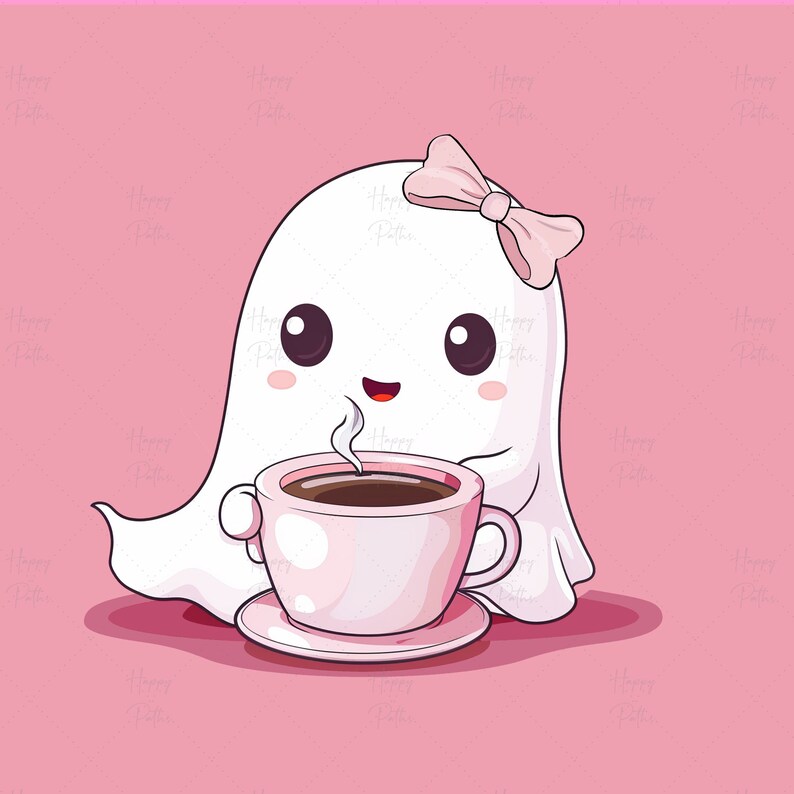 May include: A cartoon ghost with a pink bow holding a pink coffee cup with a steaming cup of coffee. The ghost has large eyes and a happy expression.