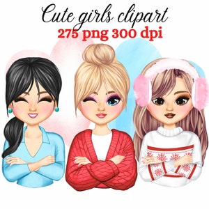 Può includere: Tre ragazze dei cartoni animati con acconciature e abiti diversi. La ragazza a sinistra ha i capelli neri e indossa una camicia blu. La ragazza al centro ha i capelli biondi e indossa un maglione rosso. La ragazza a destra ha i capelli castani e indossa un maglione bianco con un motivo a fiocco di neve.