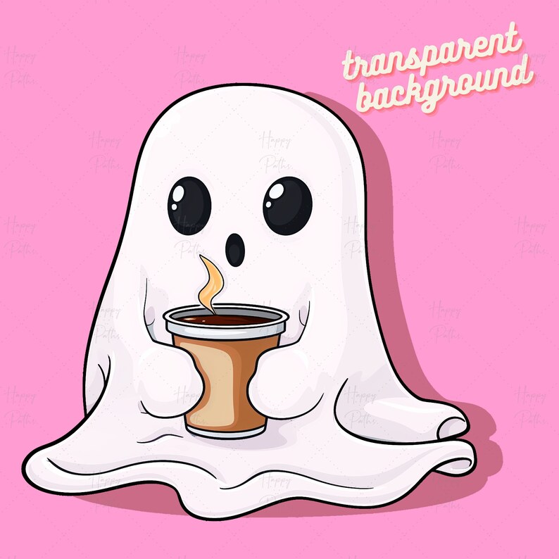 May include: A white ghost with big eyes and a surprised expression is holding a brown paper cup of coffee with steam coming out of it. The background is pink.
