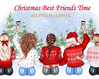 May include: Four friends wearing winter sweaters with red and white patterns stand in front of a snowy background. They are holding coffee cups and smiling. The text "Christmas Best Friends Time" and "303 PNG Elements" is at the top of the image.
